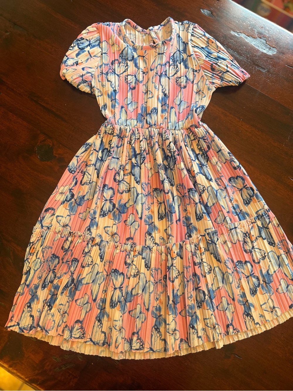 Girls Pink & Blue Butterfly Pleated Casual Dress
